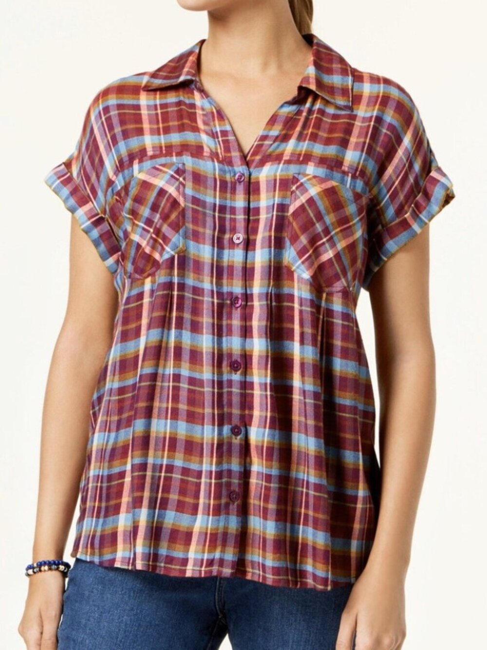 STYLE CO STYLE&CO Plaid Short Sleeve Button Down Top Purple Multi Flannel Shirt
